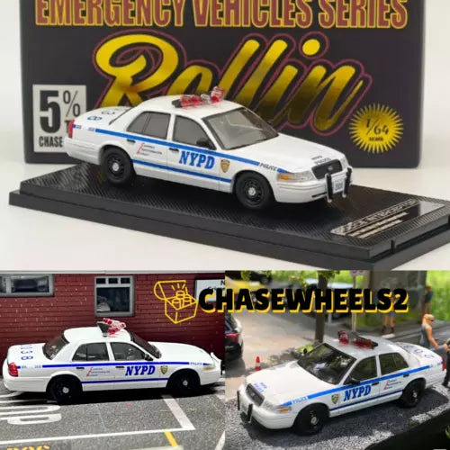 White NYPD police car diecast model toy, Crown Victoria style, on display base