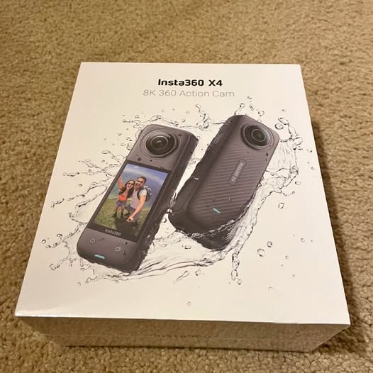 Insta360 X4 8K action camera retail box with printed camera and splash design