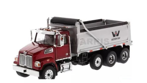 Maroon and gray diecast dump truck with tipping bed, front cab details