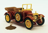 Red vintage diecast model car with open top and gold wheels
