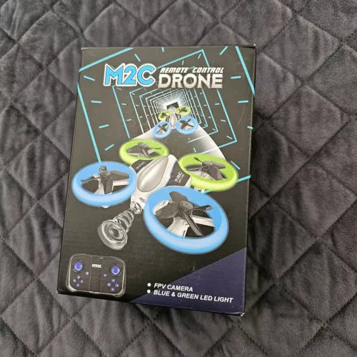 M2C mini drone kit box with FPV camera, blue and green LED lights