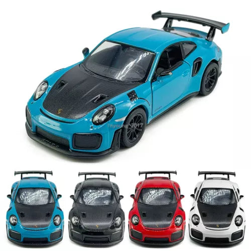 1:36 Porsche 911 GT2 RS diecast model car in turquoise blue with black hood and wheels