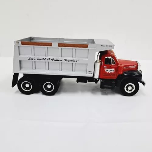 Diecast Texaco dump truck with red cab and white cargo bed