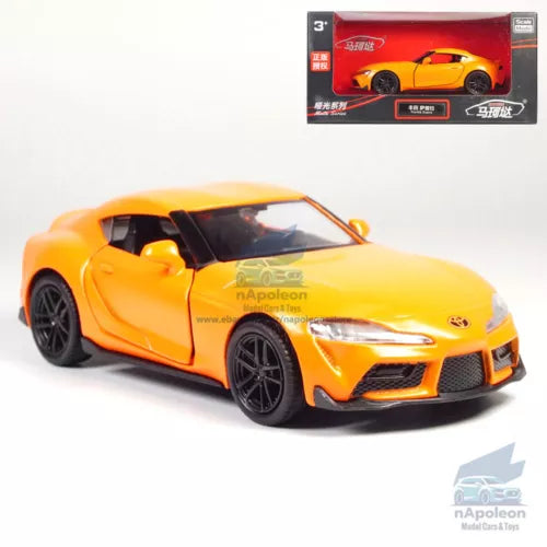 Matt orange sports diecast model car, front three-quarter view with black wheels