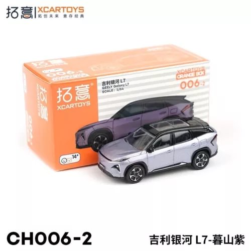 1:64 diecast car model in purple and silver, shown with retail box