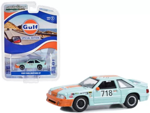 1989 Ford Mustang GT 1/64 diecast, light blue Gulf livery, orange front, #718