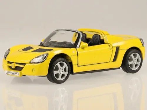 Yellow open-top diecast model sports car with black interior and silver wheels