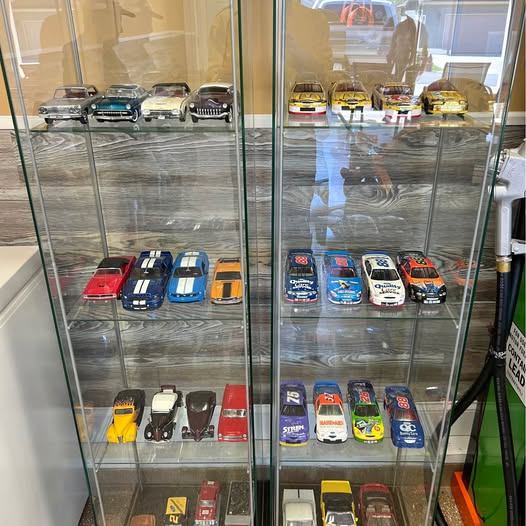 Diecast model cars set in glass display case with multiple colored cars