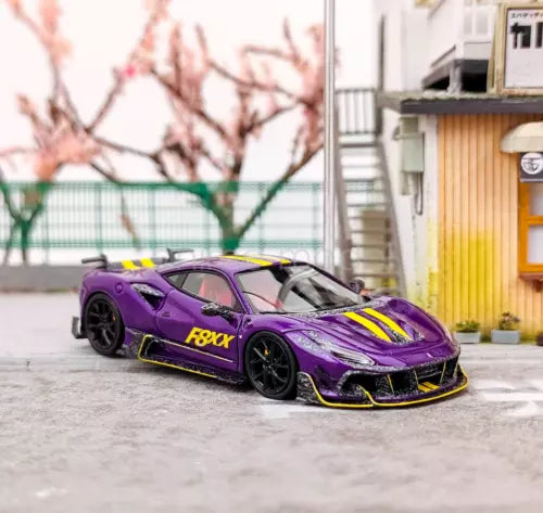 Purple racing sports diecast car with yellow stripes, F8XX detailing.