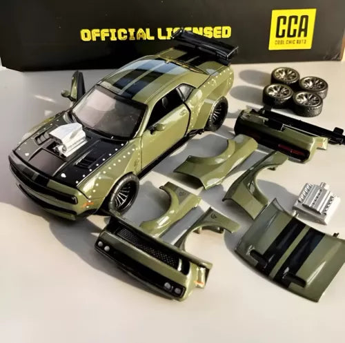 1:36 Dodge Challenger SRT Hellcat diecast model with green body and removable parts