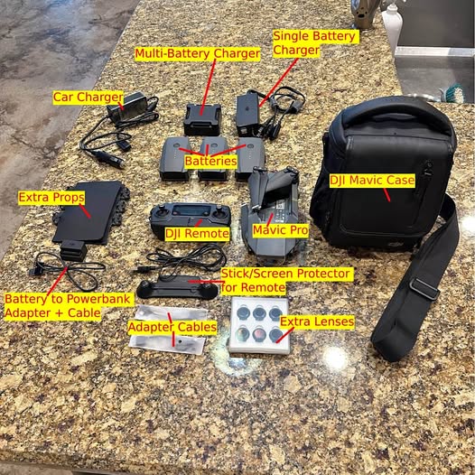 Drone accessories bundle with multi-battery charger, controller, remote, batteries, case