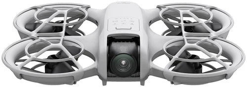 Foldable quadcopter drone with front camera and four gray rotors, compact design