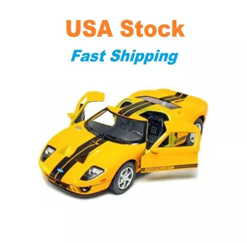Yellow racing diecast toy car with black stripes, opening doors, 1:36 scale