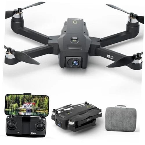 K610 GPS drone with camera, four propellers, front view; includes controller and case