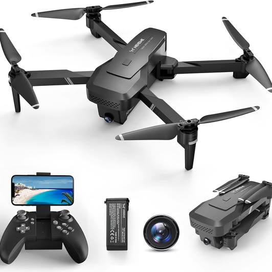 Foldable black quadcopter drone with camera, remote controller, and extra battery