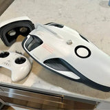 White underwater drone body with black sonar window and front sensor housing