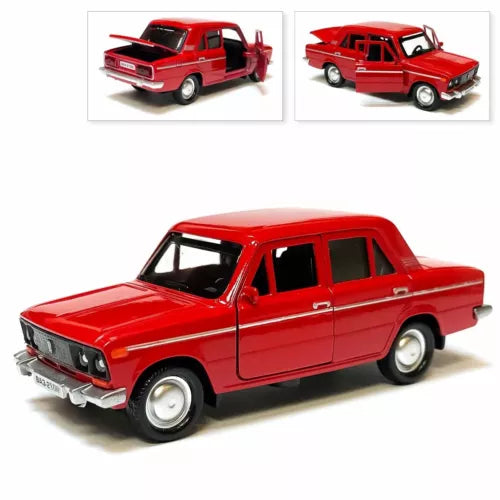 Red diecast model car, front 3/4 view, classic sedan styling with black grille