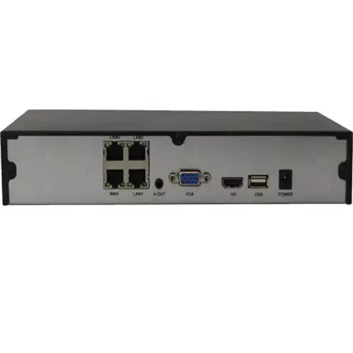 4-channel PoE NVR with rear ports: WAN, HDMI, VGA, USB, power connector