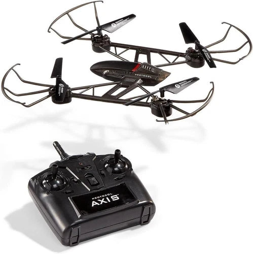 Black RC stunt drone with four propellers and hand-held remote controller