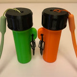 Pair of insulated water bottles, green and orange with black screw caps and carry loops