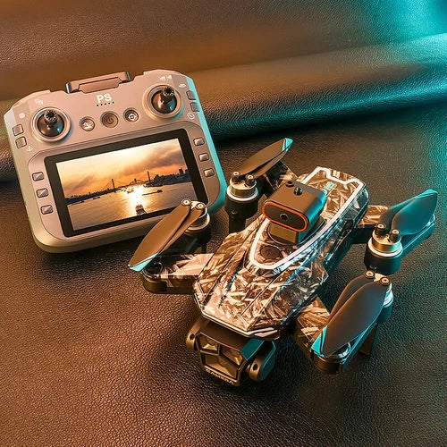 Obstacle-avoidance dual-camera drone toy with handheld controller and prop guards