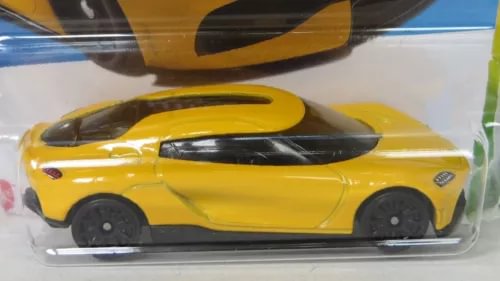 Yellow diecast sports car model with black hood stripe and side profile