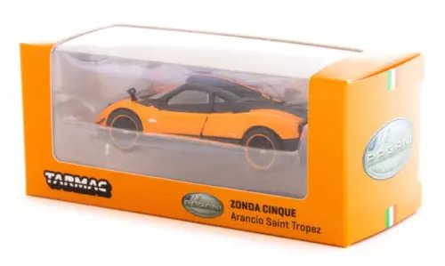 1:64 diecast model car, orange Zonda Cinque with black detailing, in box