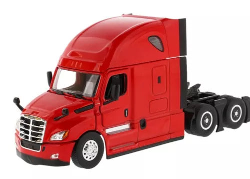 Red diecast semi truck cab with sleeper, front view, black trailer front.
