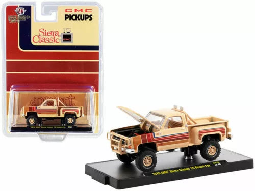Tan 1976 GMC Sierra Classic pickup truck diecast, Desert Fox decals, 1/64 scale