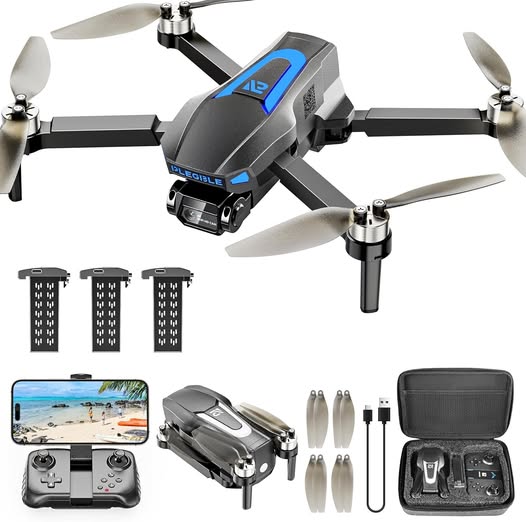 Foldable quadcopter drone with front camera and foldable arms, plus controller and case