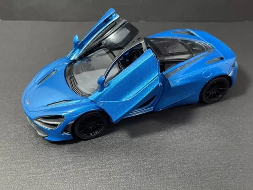 Blue and black diecast sports car toy with raised working door and black wheels
