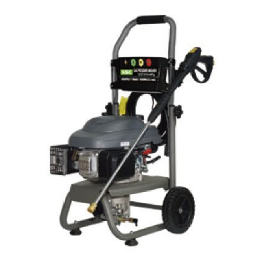 Gas pressure washer with vertical engine, handle, control panel, and two wheels