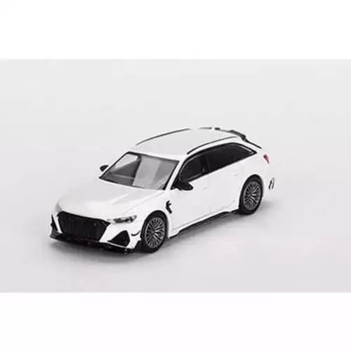 Glacier white metallic diecast mini car with front-left view, black grille and wheels.