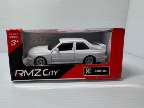 White 1:36 scale diecast BMW M3 E30 model car in box