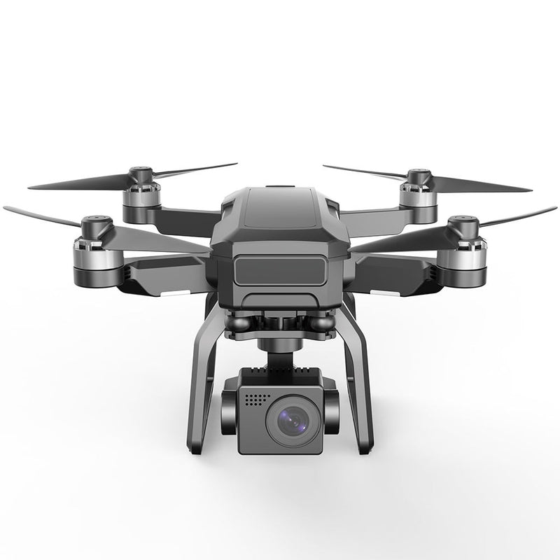 Gray quadcopter drone with front camera and four propellers