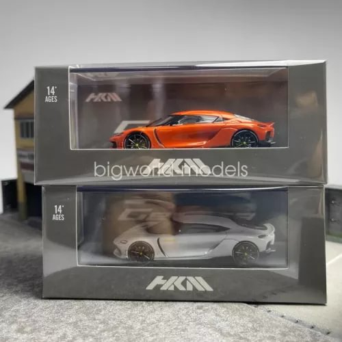 HKM 1/64 scale diecast toy car set in retail box, orange and white