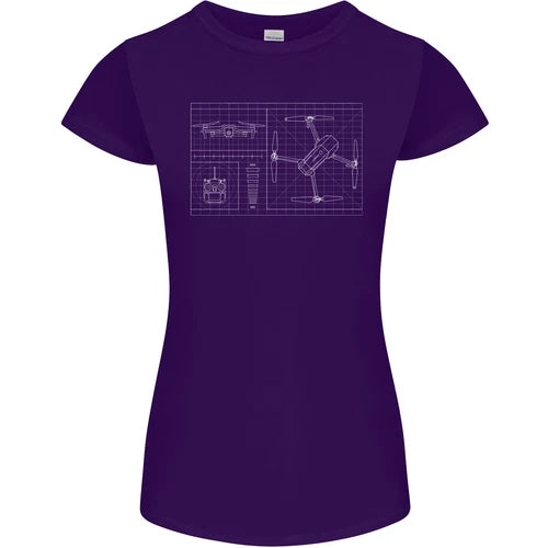Purple women's petite cut T-shirt with drone blueprint print