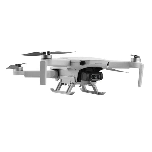 White drone with extended foldable landing gear and leg protectors