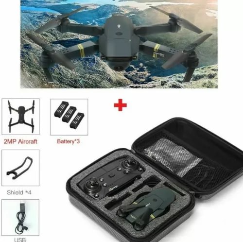 Drone in open hard case with remote, propellers, and battery accessories