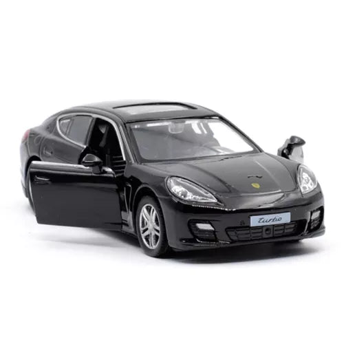 Porsche Panamera Turbo diecast model car in dark color, front door open