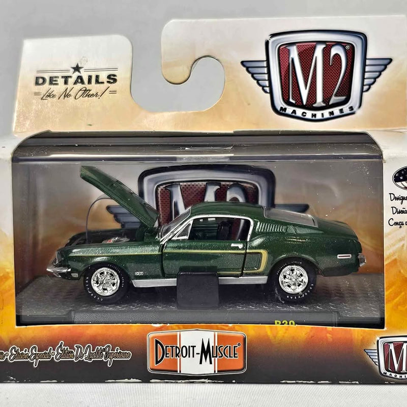 Green diecast muscle car with black stripe, chrome wheels and raised hood