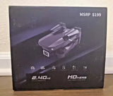 Foldable drone with dual camera, shown on retail box, 2.4GHz and HD lens text