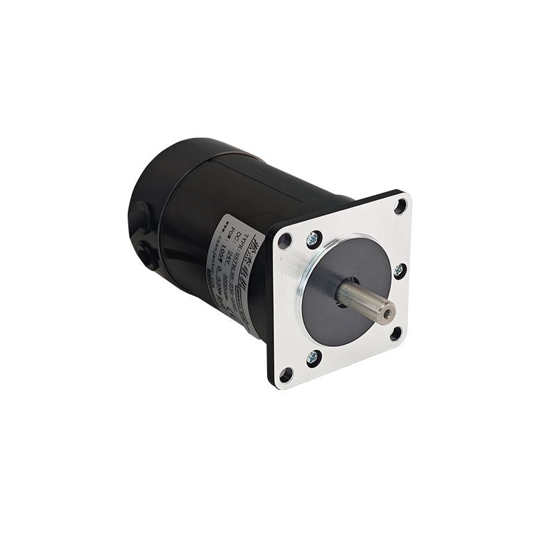 Brushless hub motor with black cylindrical body, silver mounting flange and center shaft