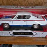 Diecast 1970 AMC Rebel model car, white with blue and red stripes