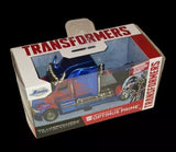 Transformers Optimus Prime diecast truck toy in retail box, blue and red