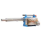 Agricultural smoke machine pump unit with blue connectors and metal housing