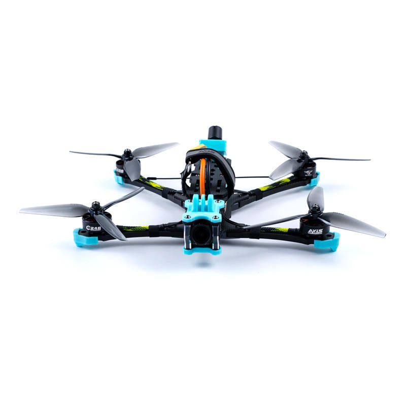 Small RC drone with camera, black body with blue accents and four propellers