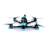 Small RC drone with camera, black body with blue accents and four propellers