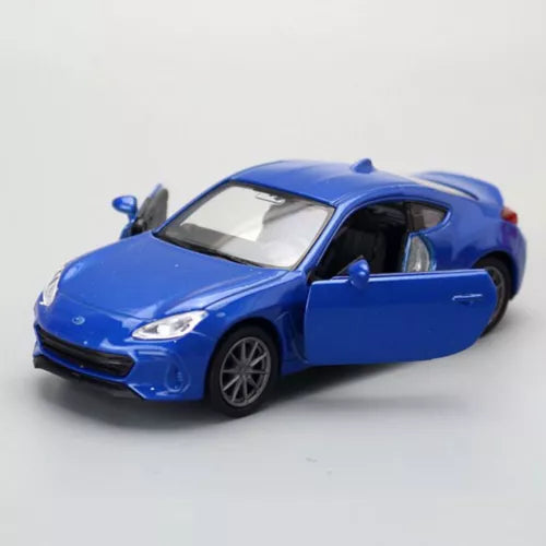 Blue diecast toy car with openable door, front three-quarter view, model 1:36