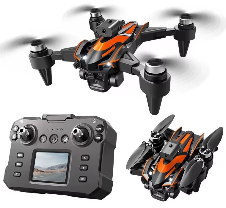 Foldable quadcopter drone with triple cameras and remote controller, orange and black